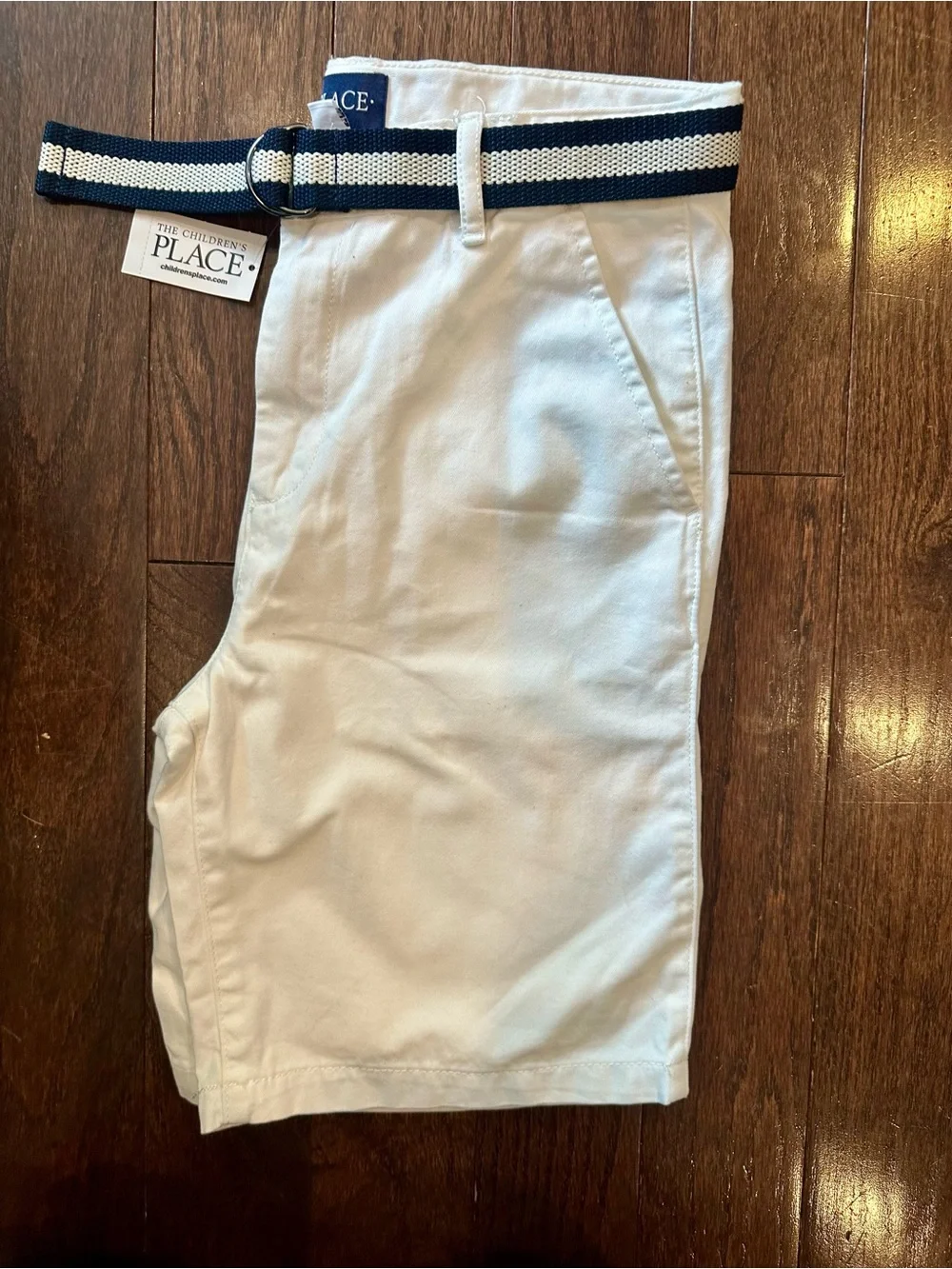 NWT The Children’s Place White Chino Shorts w/ Navy Stripe Belt | Boys Size 14
